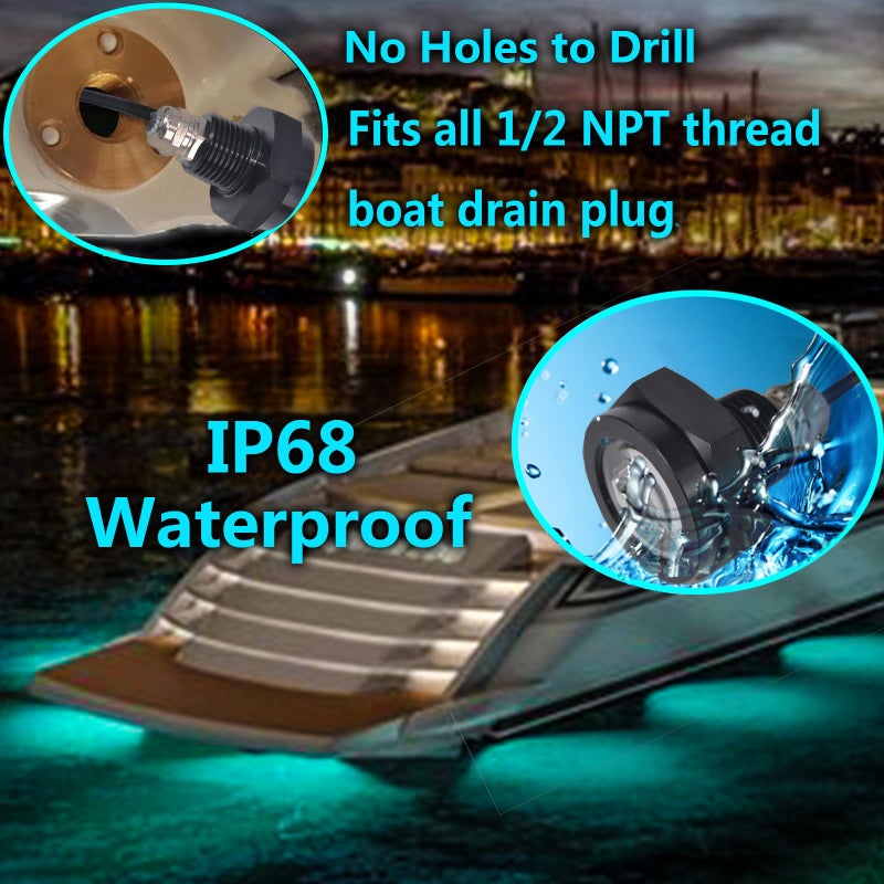 NBWDY RGB LED 1/2in NPT Boat Drain Plug Light Underwater Lights with 4-Key RF Remote Control,DC12V,50000hr Lifespan Marine Led Lamp for Garber-Fishing,Swimming,Diving(Pack of 2) - Image 2
